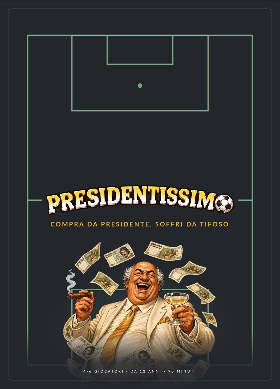 La scatola di Presidentissimo: un presidente in completo chiaro ride fra le banconote, su un campo da calcio di notte.